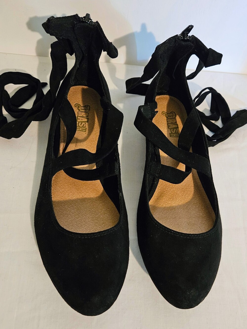 Brash Black Faux Suede Lace-Up Ballet Flats Ribbon Tie Back Zip Women's Size 8